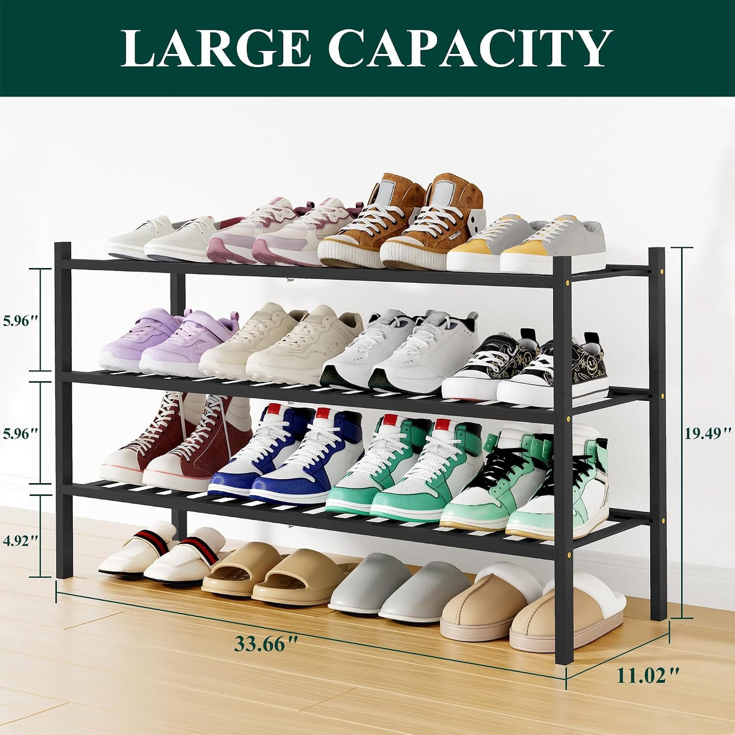 Smiry Bamboo Shoe Rack, 3 Tier Free Standing Wooden Shoe Organizer, Stackable Wood Shoe Storage Shelf for Closet, Entryway, 12 Vertical Slats, 2+1 Stack Standard Legs, 26.8"x11"x19.5", Natural