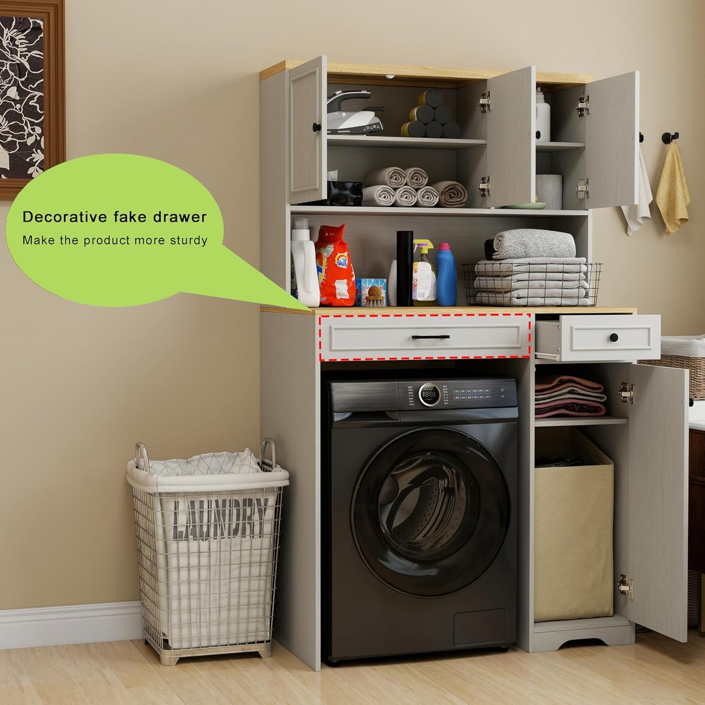 Over The Washer Dryer Storage Shelf Cabinet, Laundry Room Organizer with Basket, Drawer & Adjustable Shelves, Maximize Space Above Compact Washing Machine, Easy Assembly, Antique White