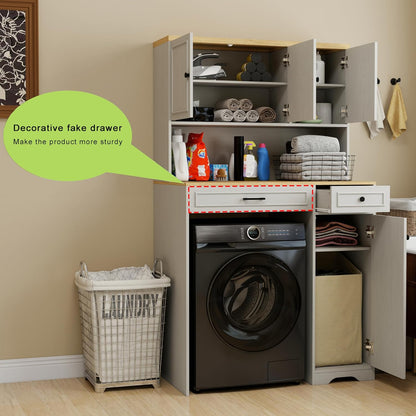 Over The Washer Dryer Storage Shelf Cabinet, Laundry Room Organizer with Basket, Drawer & Adjustable Shelves, Maximize Space Above Compact Washing Machine, Easy Assembly, Antique White
