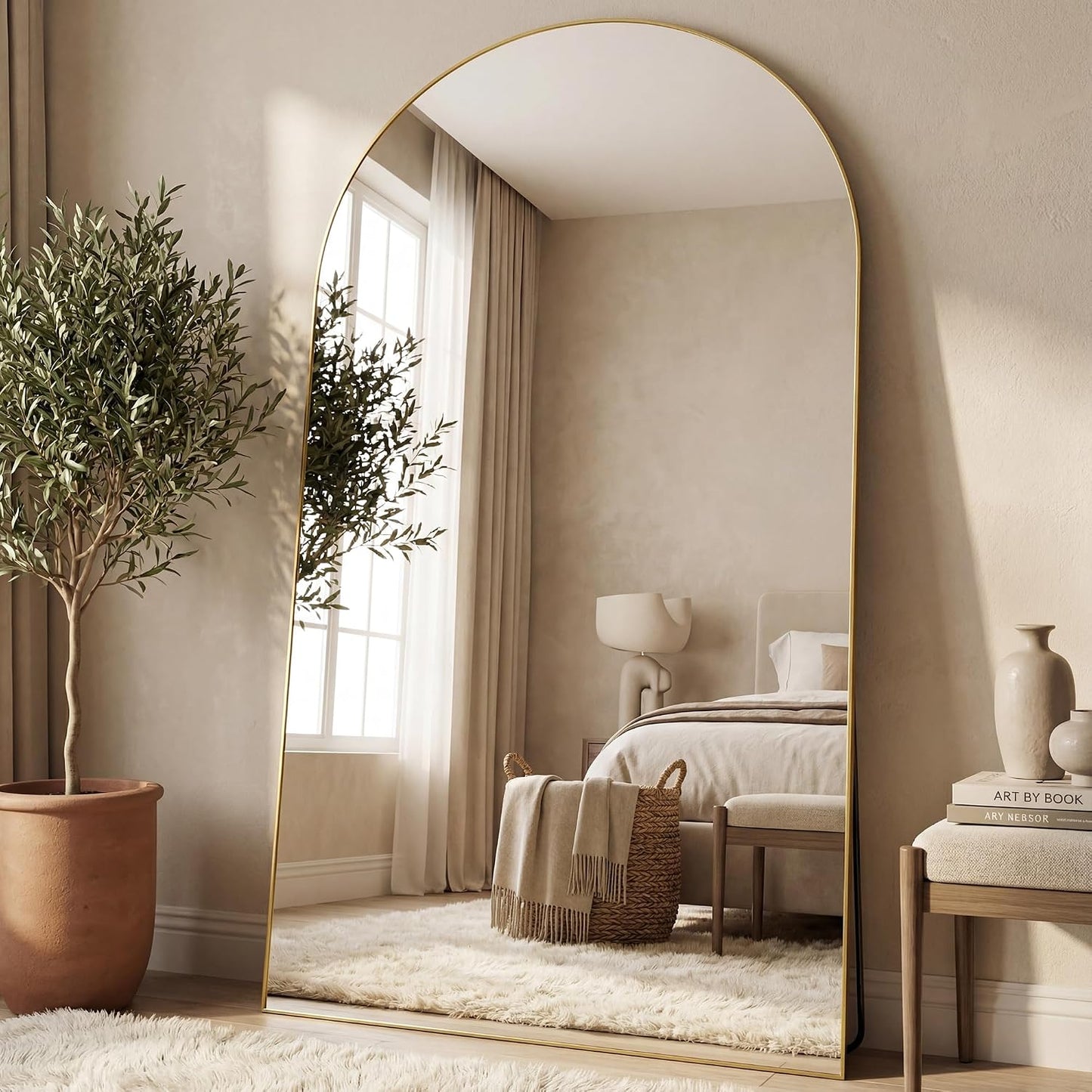 Antok 58" x19” Arched Full Length Floor Mirror, Gold Aluminum Frame, Free Standing/Wall Mount/Leaning for Bedroom, Living Room, Dressing Room