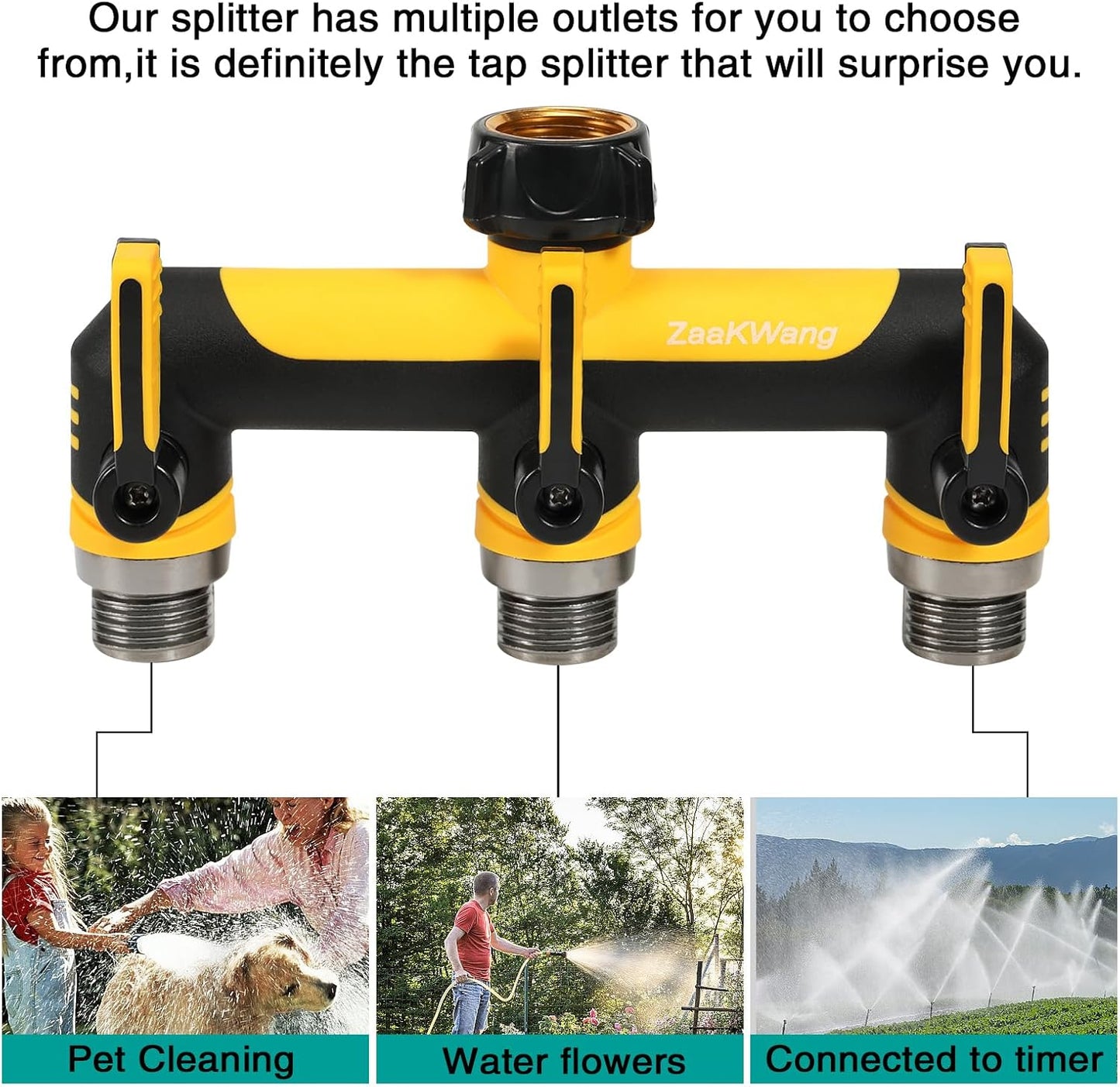 Garden Hose Splitter 2 Way, Heavy Duty Water Hose Spigot Bib Splitter, Outdoor Faucet Splitter with Shutoff Valve, T Adapter Connector with 3/4 - Inch GHT Thread (Grey)
