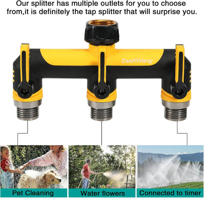 Garden Hose Splitter 2 Way, Heavy Duty Water Hose Spigot Bib Splitter, Outdoor Faucet Splitter with Shutoff Valve, T Adapter Connector with 3/4 - Inch GHT Thread (Grey)