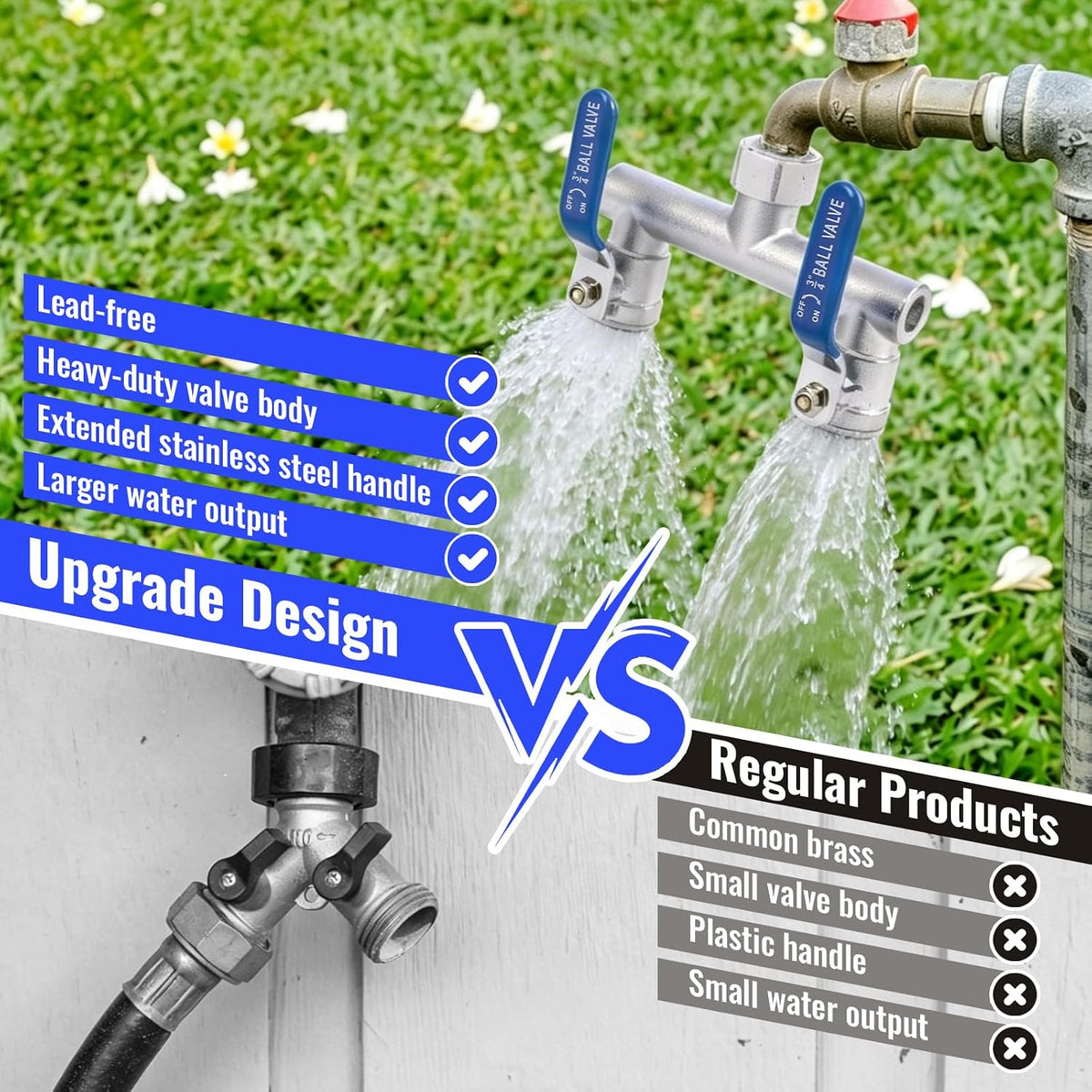2 Way Garden Hose Splitter, Stainless Steel, Heavy Duty 304 Stainless Steel Full Flow T Valve with Long Handle, Lead-Free Rust & Freeze Resistant, 3/4" GHT Thread Outdoor Water Hose Adapter