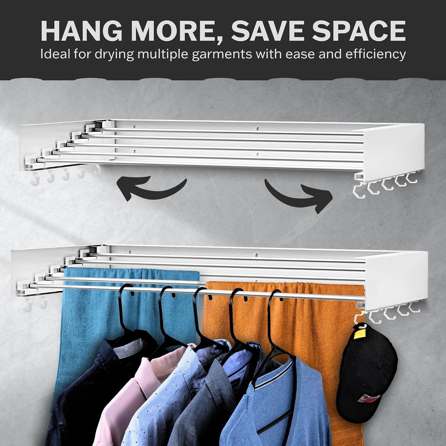 Foldable Wall Mounted Drying Rack - 31.5” Wide, 13.2 Ft Drying Space, 5 Aluminum Rods, Supports Up to 60 lbs - Retractable & Foldable Space-Saving Wall Mounted Clothes Drying Rack (Black)