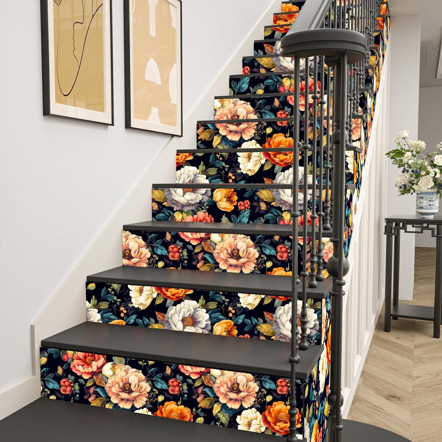 BOKEBEVE Watercolour Floral Peel and Stick Wallpaper Boho Vibrant Contact Paper Renter Friendly Wall Paper for Countertop Cabinet Wall Shelf Liner Removable Blue Colorful 17.5 x 118In