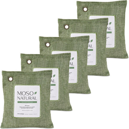 Moso Natural Air Purifying Bag 200g (5 Pack) Charcoal Odor Absorber, Car Odor Eliminator & Closet Deodorizer for Home & Pet, Lasts 2 Years, Unscented Bamboo Charcoal Bags, HGTV Editors' Pick (Green)