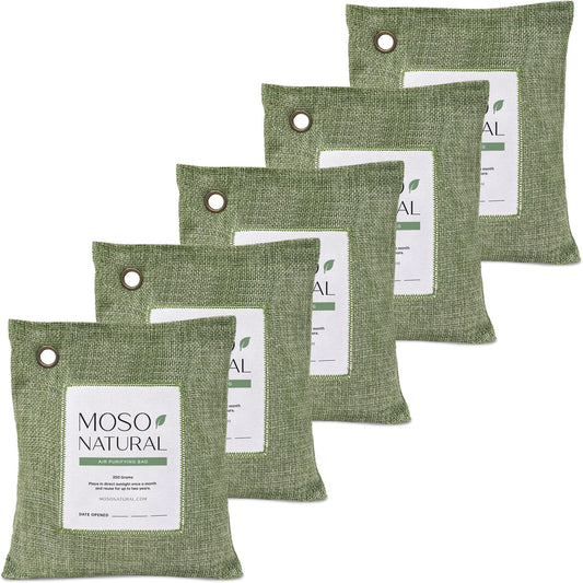 Moso Natural Air Purifying Bag 200g (5 Pack) Charcoal Odor Absorber, Car Odor Eliminator & Closet Deodorizer for Home & Pet, Lasts 2 Years, Unscented Bamboo Charcoal Bags, HGTV Editors' Pick (Green)