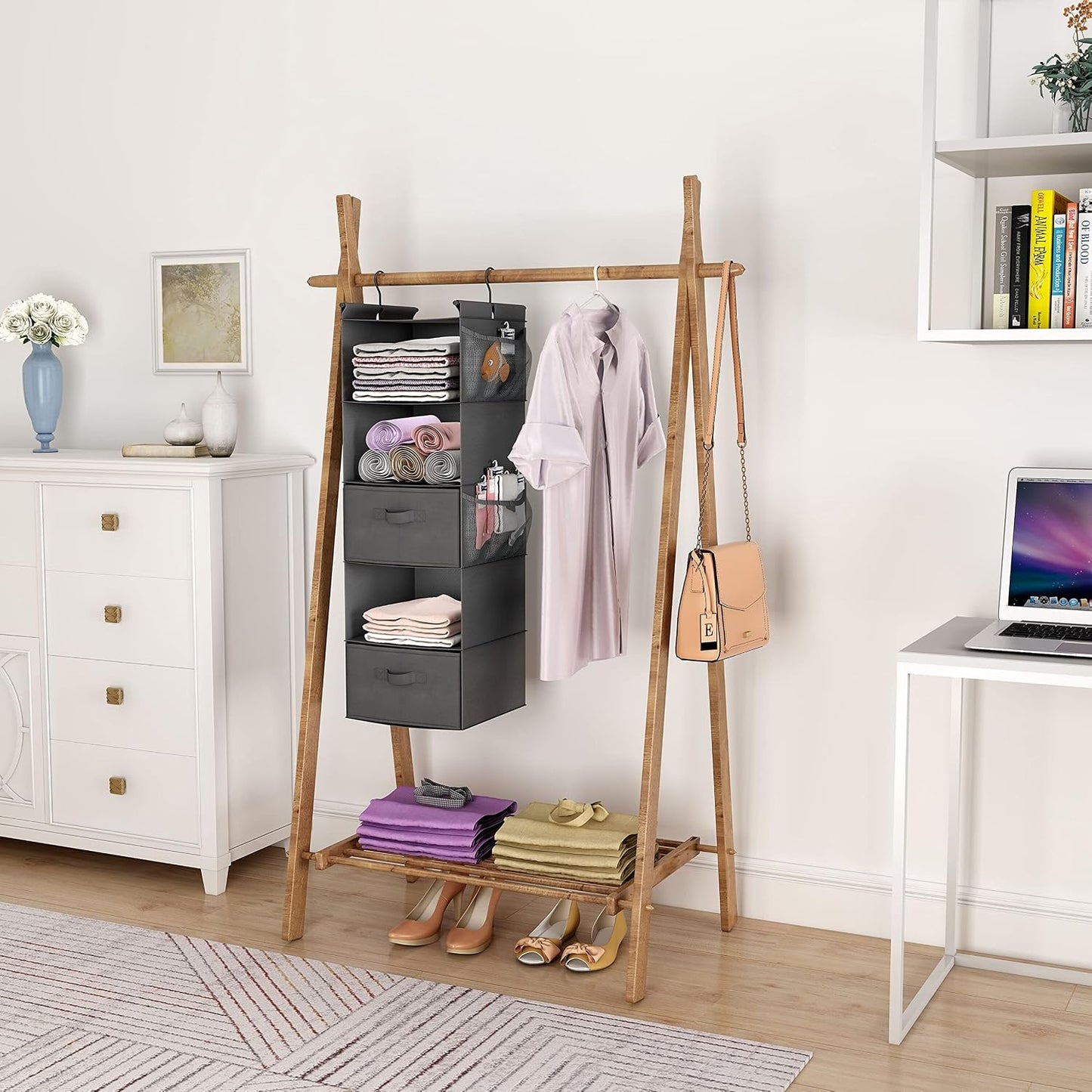 MAX Houser 4-Shelf Hanging Closet Organizer, Space Saver, Cloth Hanging Shelves with 2 Side Pockets, Foldable (Beige)