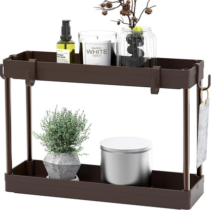 Simple Houseware 2-Tier Under Sink Organizer Storage Tray with Hooks, White