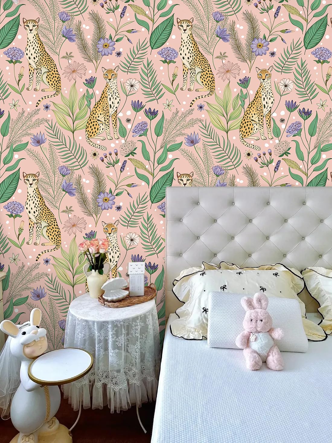 Floralplus Peel and Stick Wallpaper Leopard Jungle Removable Wallpaper for Bathroom Renter Friendly Wallpapers Self Adhesive Animal Floral Contact Paper for Accent Wall 17.5 x 118 in