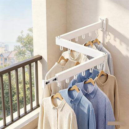 HomeBeyond Aluminum Wall Mounted Drying Rack, Upgrade 3-Fold Foldable Retractable Clothing Drying Rack with 12 Hooks, Space Saver Clothes Hanger for Indoor/Outdoor Use in Laundry, Balcony, Bathroom
