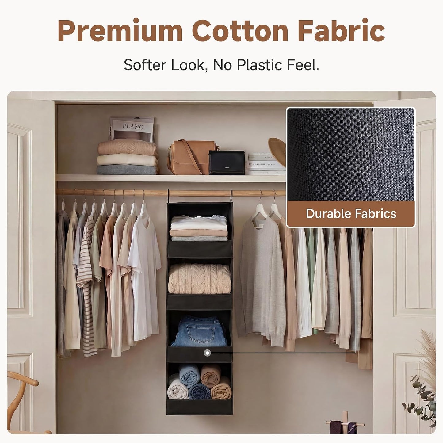StorageWorks Basics Hanging Closet Organizer, 4-Shelf Wide Trapezoid Closet Shelves with Reinforced Anti-Sagging Support for Sweaters, Hoodies and Handbags, Foldable Storage Organizer, Beige