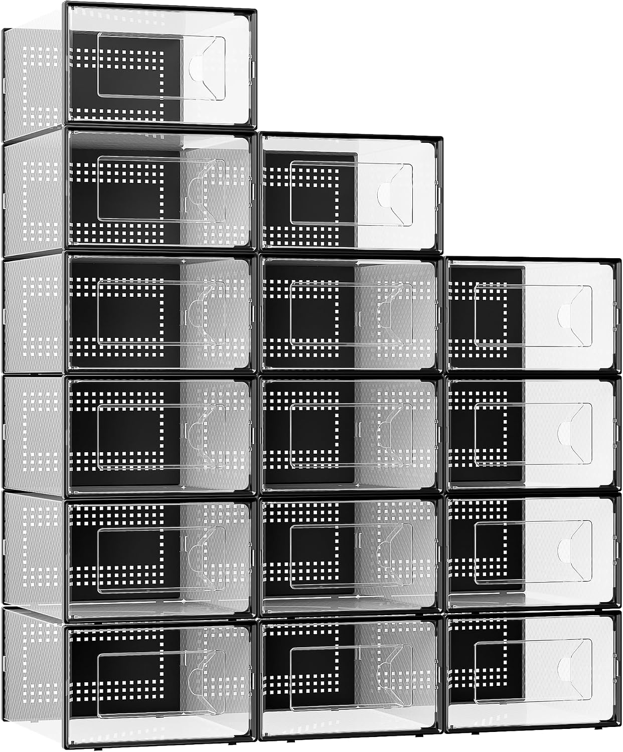 Foluck X-Large 15 Pack Shoe Storage Organizer Box Clear Plastic Stackable | Interlocking Design, Sturdy Dustproof Breathable, Fits Men's Size 10 Women's Size 11, for Closet Entryway Under Bed