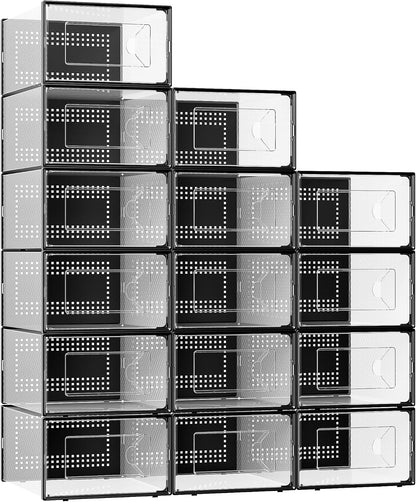 Foluck X-Large 15 Pack Shoe Storage Organizer Box Clear Plastic Stackable | Interlocking Design, Sturdy Dustproof Breathable, Fits Men's Size 10 Women's Size 11, for Closet Entryway Under Bed