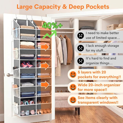 Over The Door Organizer, 5-Tier Extra Large Behind Door Storage with 10 Big Front & 10 Mesh Pockets, 80lb Capacity, Hanging Storage Organizer with Clear Window Kids Toys, Shoes, Diapers, Light Grey
