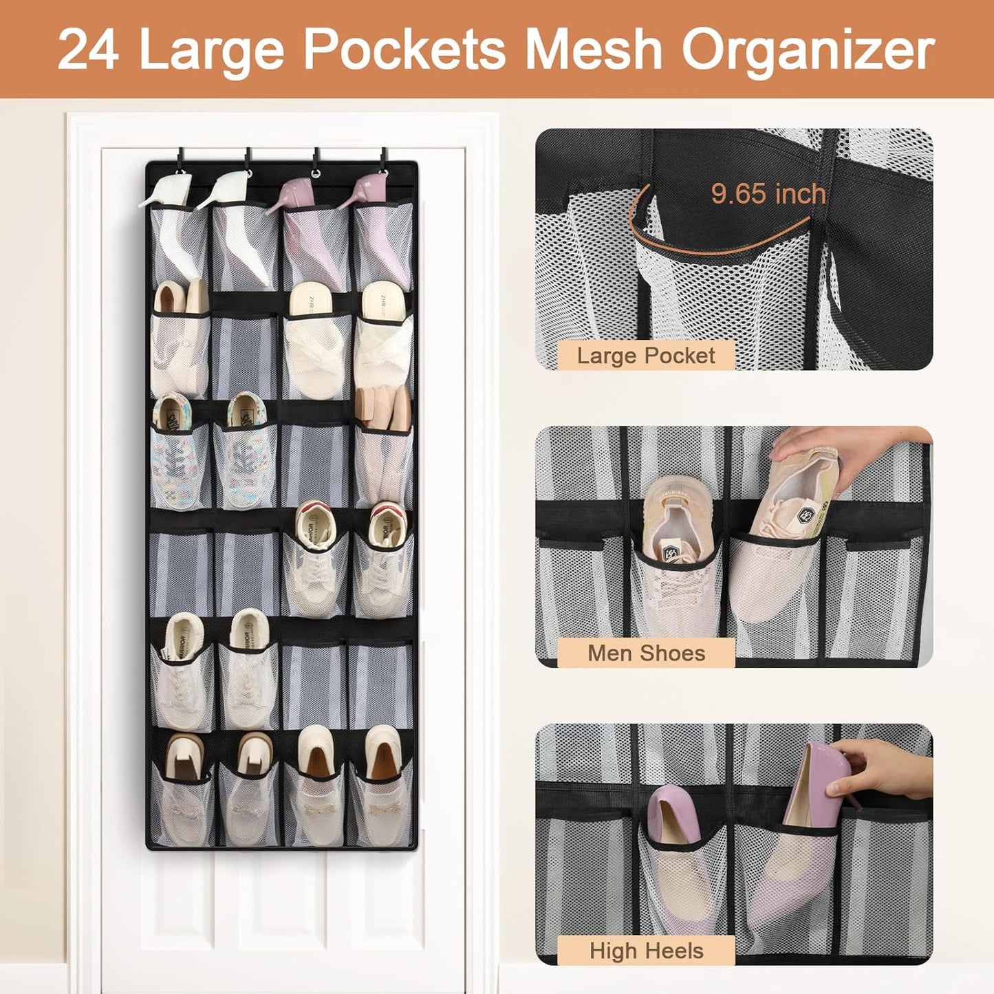 FENTEC 40 Large Pockets Over The Door Shoe Organizer, Mesh Hanging Shoe Organizer Shoe Rack for Closet Mesh Closet Shoe Holder, Over Door Organizer, Shoe Organizer for Wall, Grey, 1 Pack