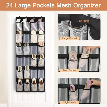 FENTEC 40 Large Pockets Over The Door Shoe Organizer, Mesh Hanging Shoe Organizer Shoe Rack for Closet Mesh Closet Shoe Holder, Over Door Organizer, Shoe Organizer for Wall, Grey, 1 Pack