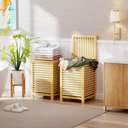 SMIBUY Double Laundry Hamper with Lid, 120L Bamboo Laundry Basket with Removable Liner Bag, 2-Section Clothes Divider Laundry Sorter for Laundry Room, Bathroom, Bedroom (Walnut)