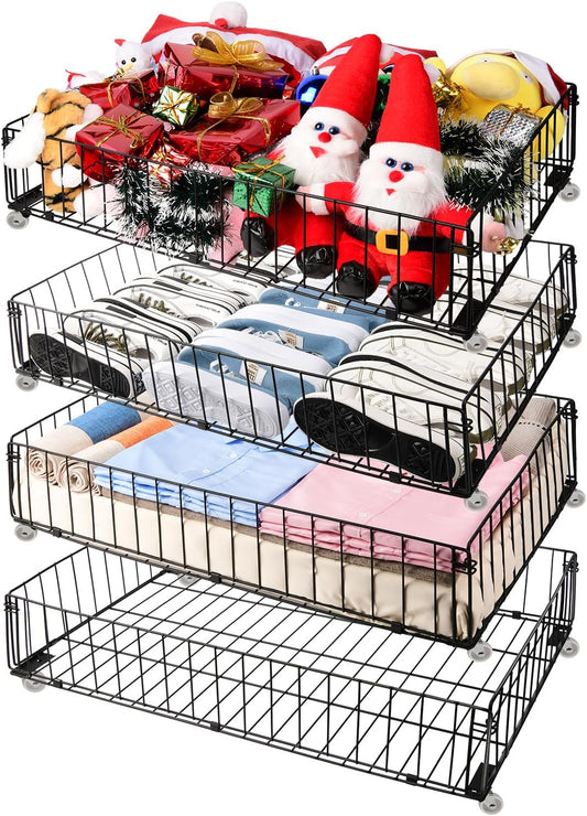 4 PACK Under bed Storage Containers With Wheels,Under bed Basket,Rolling Under Bed Drawer Organizer For Shoes Clothes Books Toys Blankets,