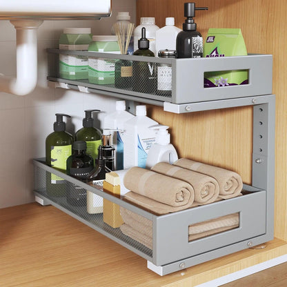 Under Sink Organizer, 2-Tier Dual Pull Out Cabinet Organizer Drawers With Smooth Circular Rail, Large Capacity Metal Mesh Sliding Shelves For Bathroom& Kitchen Storage,Height Adjustable–White,2 Packs