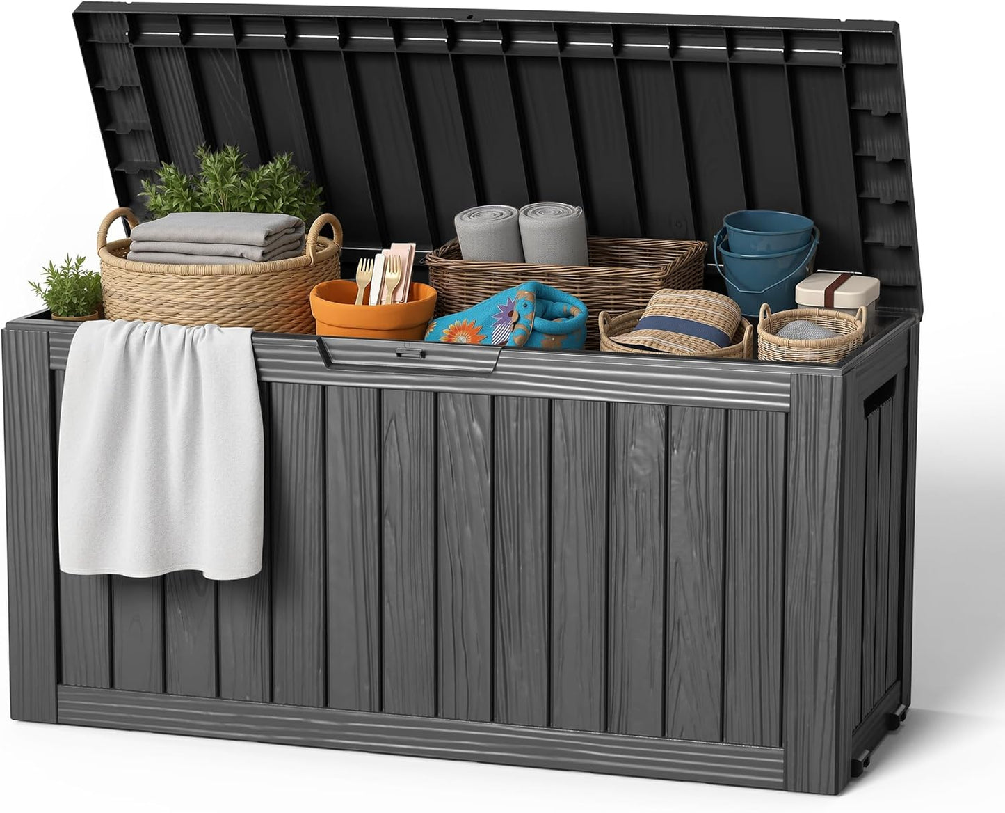 EasyUp 33 Gallon Resin Deck Box Waterproof, UV Resistant Outdoor Storage Box for Delivery, Porch, Patio and Garden, Stripe Black