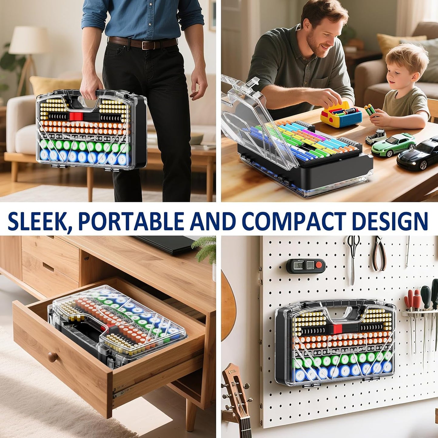 Battery Organizer Storage Holder Box Case with Tester - 285 Batteries Double-Sided Variety Pack, Holds AA AAA 4A C D Cell 9V 3V Lithium LR44 CR2 CR123 CR1632 18650 Button (Batteries Not Included)