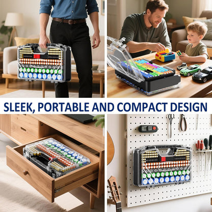 Battery Organizer Storage Holder Box Case with Tester - 285 Batteries Double-Sided Variety Pack, Holds AA AAA 4A C D Cell 9V 3V Lithium LR44 CR2 CR123 CR1632 18650 Button (Batteries Not Included)