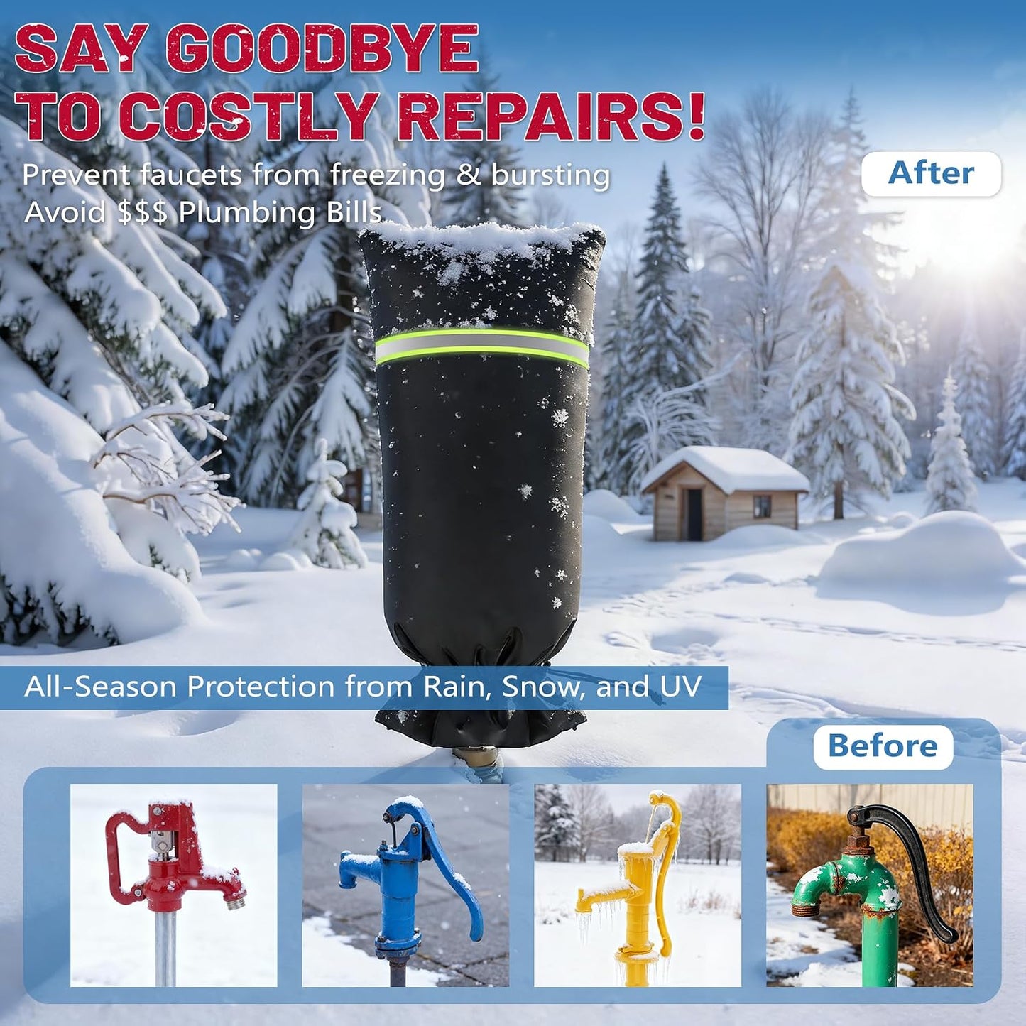 Outdoor Faucet Covers for Winter, 13" W x 25.6" H faucet covers with 420D Waterproof Oxford Fabric, Reflective Strips（1 Pcs, Black）