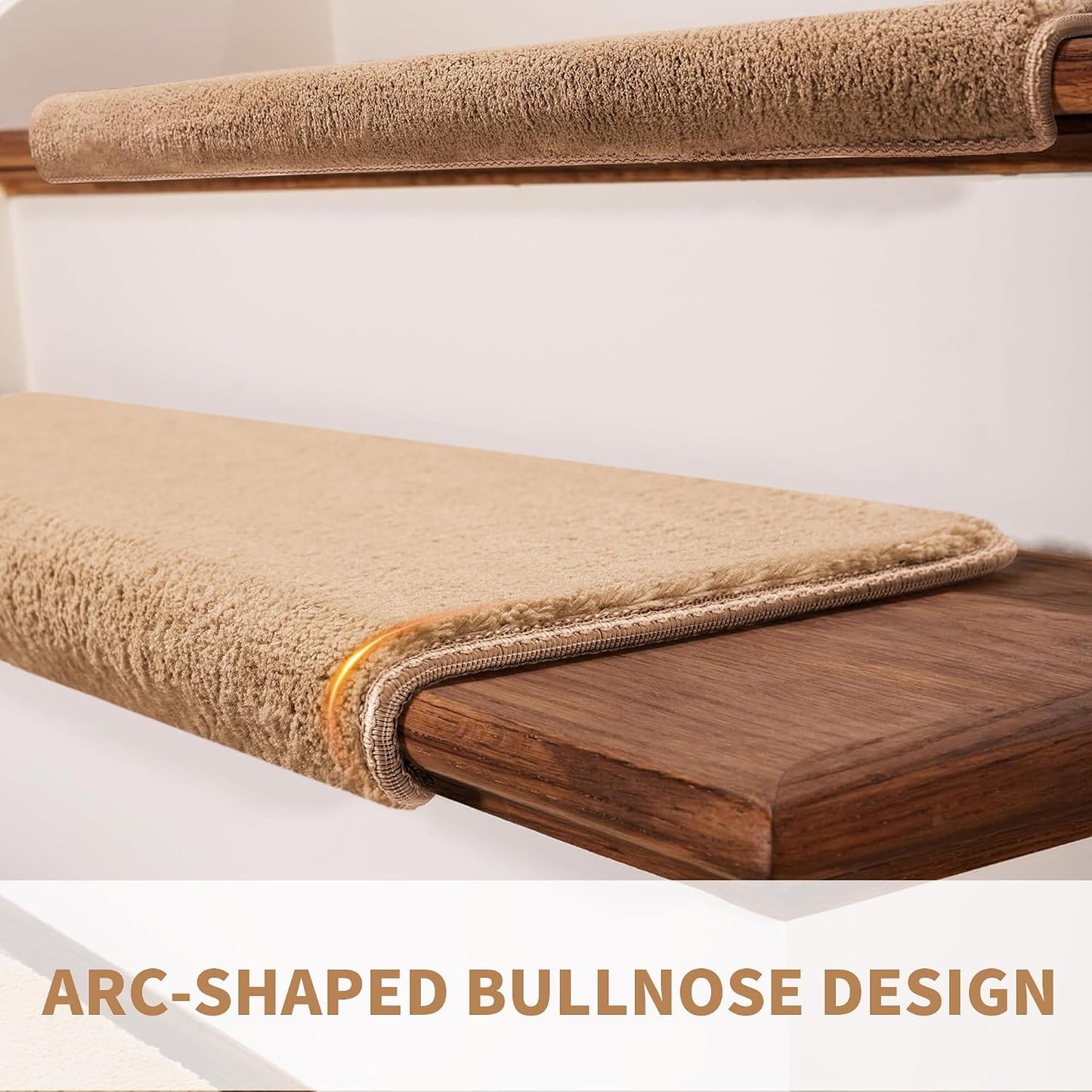 Bullnose Stair Treads Non Slip 9.5" x 32", 14 Pcs Ultra Plush Carpet Stair Treads for Wooden Steps Indoor with Edge Protection, Reusable Peel and Stick TPU Backing Stair Runner Rugs - Beige Gray