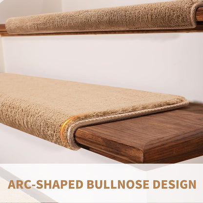 Bullnose Stair Treads Non Slip 9.5" x 32", 14 Pcs Ultra Plush Carpet Stair Treads for Wooden Steps Indoor with Edge Protection, Reusable Peel and Stick TPU Backing Stair Runner Rugs - Beige Gray