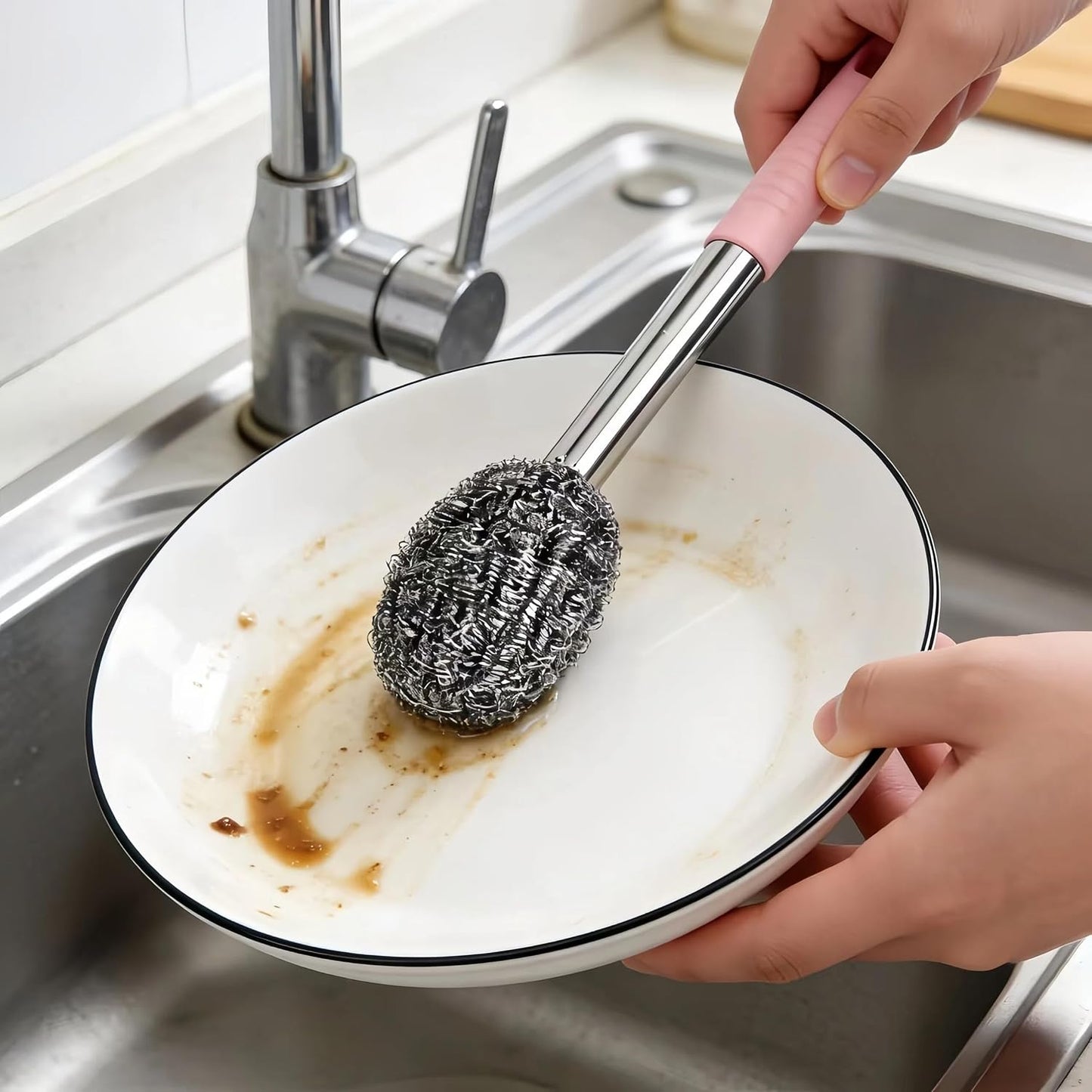 2PCS Steel Wool Scrubber with Handle Rustproof, Cast Iron Scrubber, Stubborn Messes Pot Brush, Remove Dirt for Cleaning Stoves,Sinks Dishes Grills Bowls & Metal Wire Sponge for Kitchens