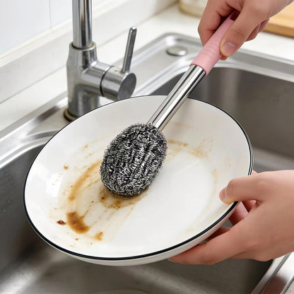 2PCS Steel Wool Scrubber with Handle Rustproof, Cast Iron Scrubber, Stubborn Messes Pot Brush, Remove Dirt for Cleaning Stoves,Sinks Dishes Grills Bowls & Metal Wire Sponge for Kitchens