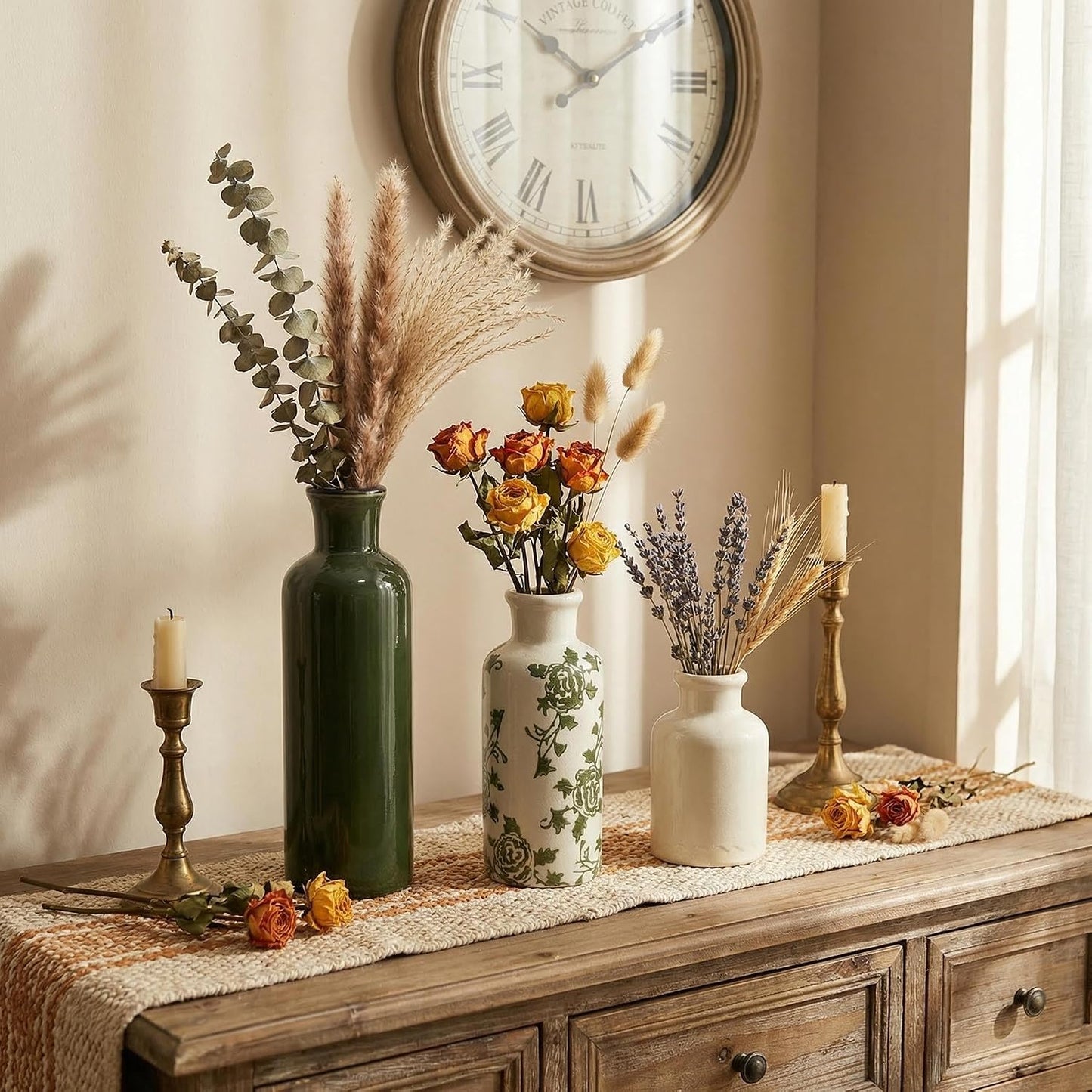 Ceramic Vase Set of 3 with Handles, Green White Neutral Rustic Modern Farmhouse Boho Decor, Versatile as Table Centerpiece or Mantel & Shelf Accent - Unique Home Gift Idea