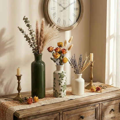 Ceramic Vase Set of 3 with Handles, Green White Neutral Rustic Modern Farmhouse Boho Decor, Versatile as Table Centerpiece or Mantel & Shelf Accent - Unique Home Gift Idea