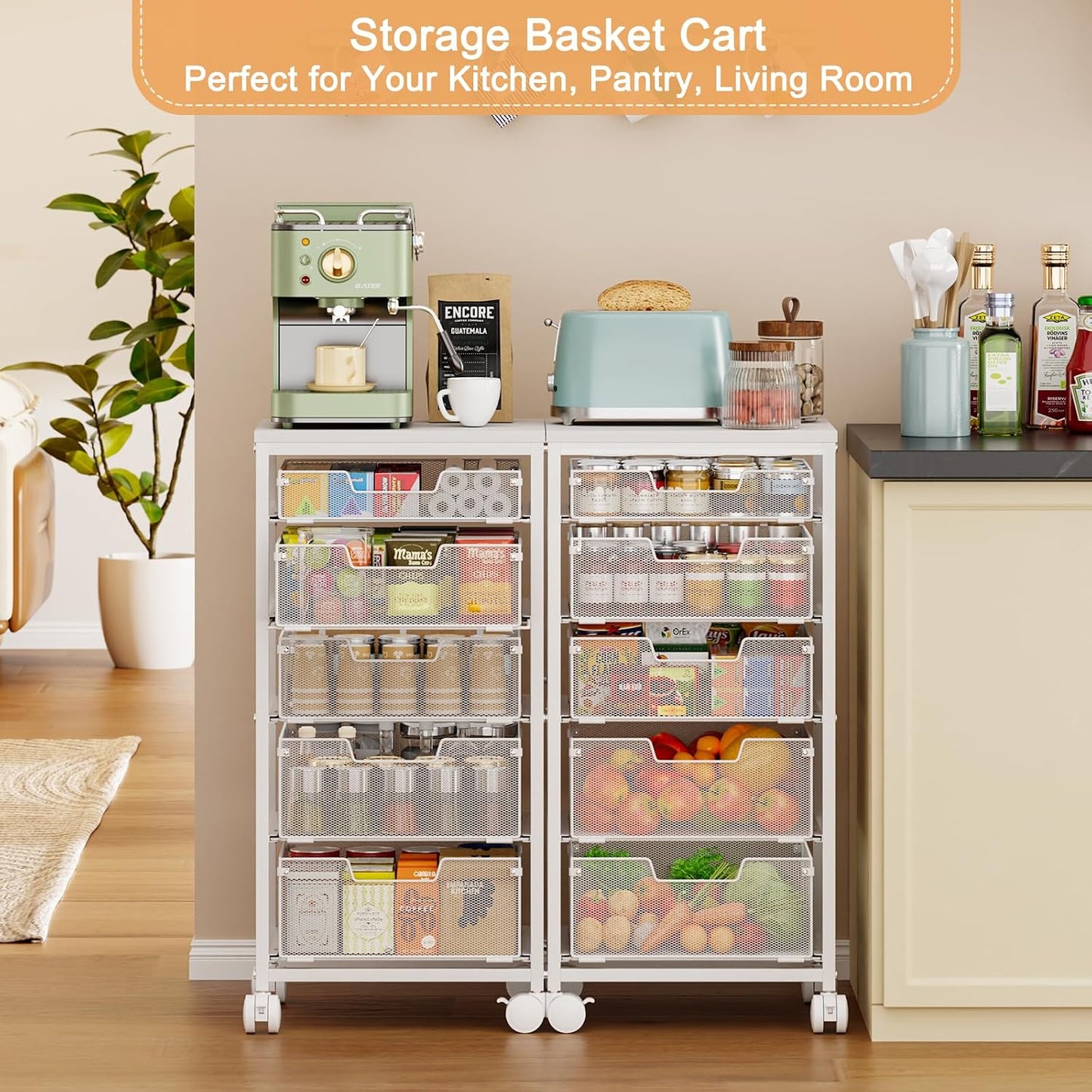 4 Tier Kitchen Rolling Cart, Kitchen Storage Cart with Wheels, Adjust Pantry Organizer and Storage Cart with Drawer, Fruit Vegetable Spice Storage Cart, Wooden Top Metal Kitchen Organizer Rack Stand