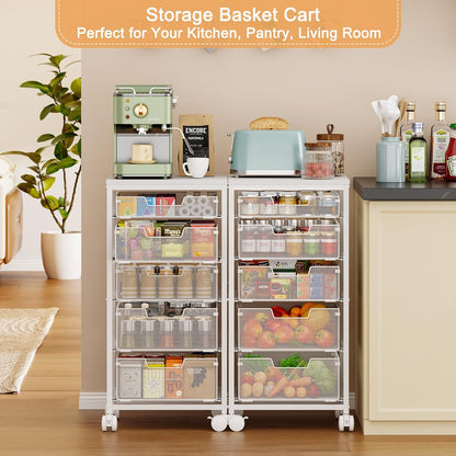 4 Tier Kitchen Rolling Cart, Kitchen Storage Cart with Wheels, Adjust Pantry Organizer and Storage Cart with Drawer, Fruit Vegetable Spice Storage Cart, Wooden Top Metal Kitchen Organizer Rack Stand