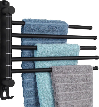 5-Arm Swivel Towel Rack - 180° Rotating Wall Mounted, 304 Stainless Steel Rustproof, Heavy Duty Bathroom Accessories, Space Saving Towel Organizer for Bathroom Kitchen Laundry - Pearl White
