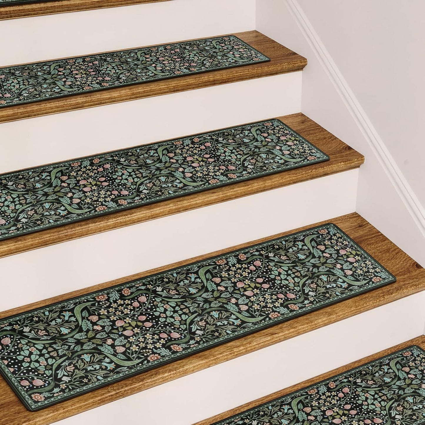 OJIA Floral Stair Treads Non-Slip Stair Runner for Wooden Steps Indoor 15PCS 30"x8" Carpet Stair Treads Stair Mats Staircase Step Treads for Kids, Elders and Dogs, Stair Covers, Black