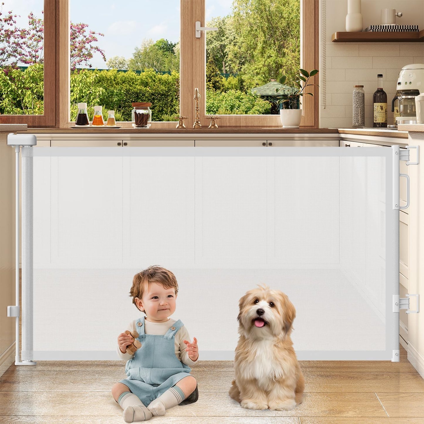 Retractable Baby Gates for Doorways, 58" Extra Wide Mesh Child Dog Gate for Stairs, 34" Tall Toddler Pet Gate Indoor and Outdoor, Easy Install, Essential for Home Safety, Black