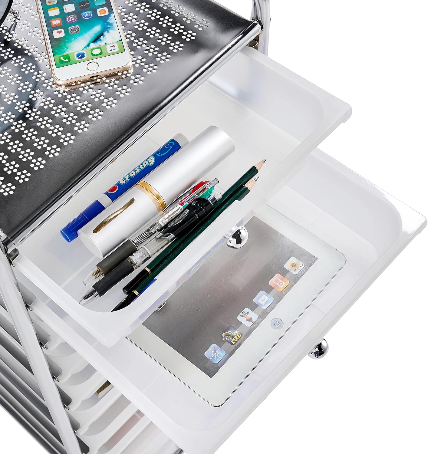 Yaheetech 4-Drawer Rolling Storage Cart with Wheels, Slim Organizer, Black | Four drawers plus a top shelf organize craft to bath gear; slim chrome-steel frame, plastic bins, locking wheels, easy setup.