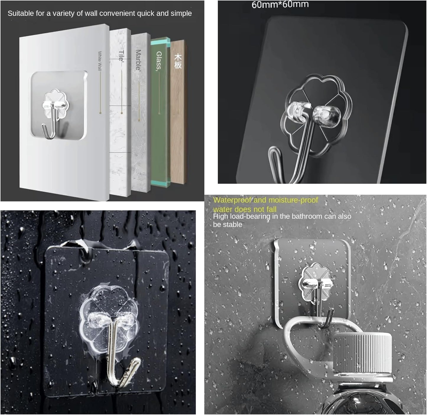 Heavy Duty Adhesive Wall Hooks Large 24 Pack, Transparent, Waterproof, Damage-Free, Sticky Hook for Hanging Upto 50lbs, No Tools Required, no Drill, for Kitchen, Shower, Tile etc.