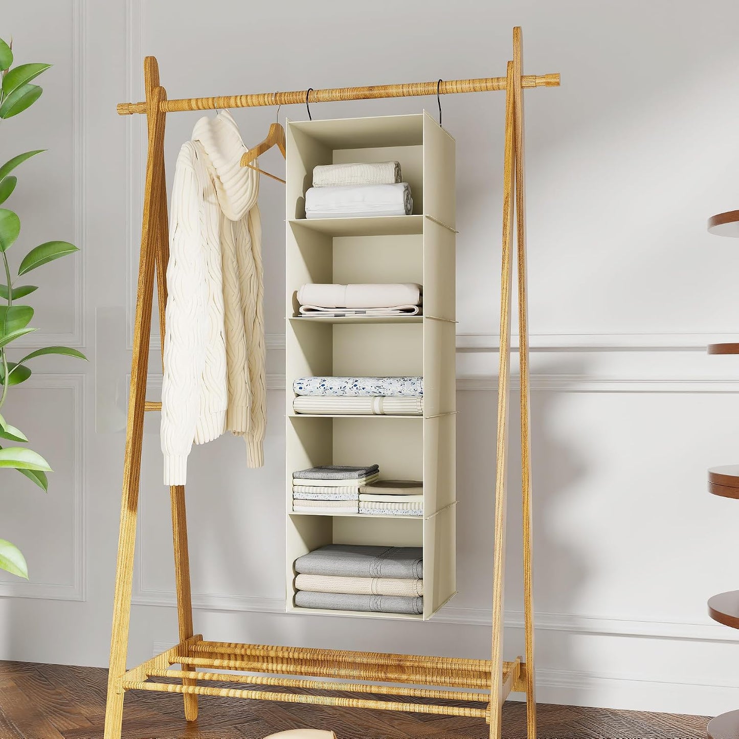 Hanging Closet Organizer 3-Shelf, Oxford Fabric Wardrobe Storage, Gray | Easy-mount foldable design holds clothes, handbags, shoes & accessories; washable Oxford fabric, sturdy and space-saving.