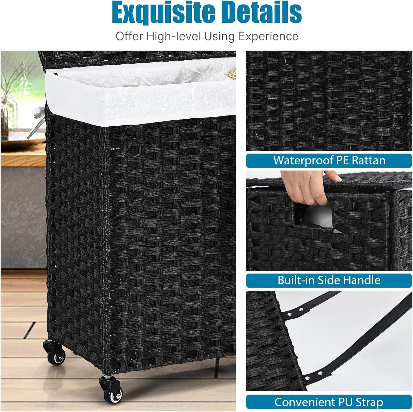 GOFLAME Laundry Hamper with Lid and Wheels, 125L Hand Woven Rattan Laundry Basket with 3 Divided Sections, Handles, 2 Removable and Washable Liner Bags, Dirty Clothes Hamper for Bedroom (Natural)
