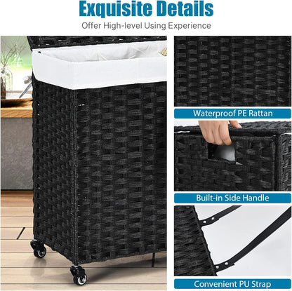 GOFLAME Laundry Hamper with Lid and Wheels, 125L Hand Woven Rattan Laundry Basket with 3 Divided Sections, Handles, 2 Removable and Washable Liner Bags, Dirty Clothes Hamper for Bedroom (Natural)