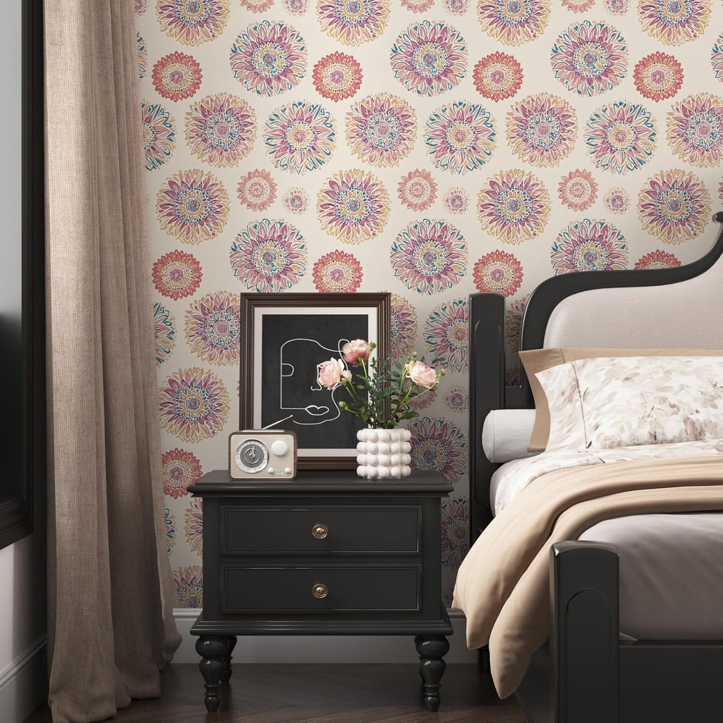 Blue Wallpaper Peel and Stick,Vintage Boho Floral Contact Paper 17.5" x 118", Retro Botanical Flower Wall Paper Self Adhesive Removable Waterproof for Walls Shelves Cabinet Table (Blue,Yellow, Green)
