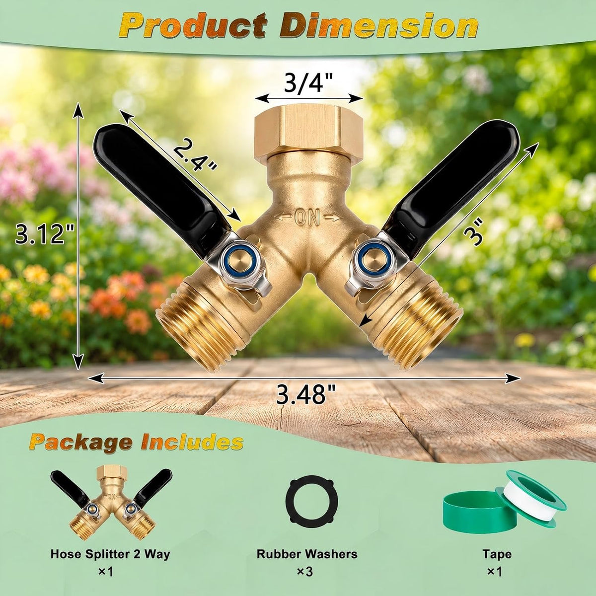 Brass Hose Splitter 2 Way, Heavy Duty Garden Hose Splitter with Shut Off Valves, Y Connector Hose Adapter, No Leak, Includes Washers & Teflon Tape – Dalmbox
