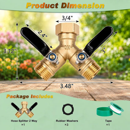 Brass Hose Splitter 2 Way, Heavy Duty Garden Hose Splitter with Shut Off Valves, Y Connector Hose Adapter, No Leak, Includes Washers & Teflon Tape – Dalmbox