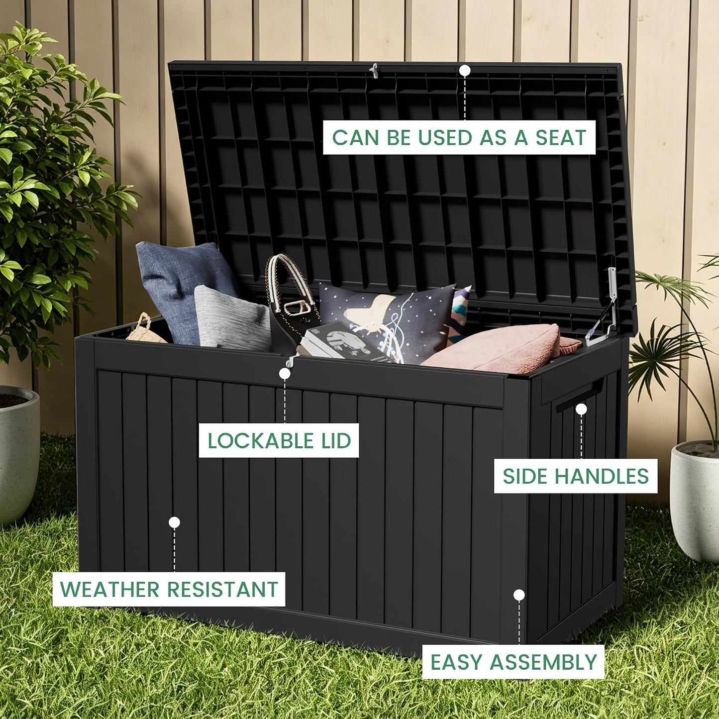 100 Gallon Storage Box, Waterproof Resin Deck Box with Hydraulic Piston Design, Lockable Storage Bench for Package Delivery, Storage Bin for Patio Cushions, Garden Tools, Black