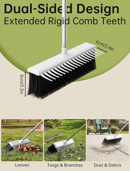 NiHome Heavy-Duty Outdoor Yard Broom with Rake Edge, 63-Inch Adjustable Stainless Steel Pole, 16” Wide Head for Lawn, Deck & Hard Floor Cleaning