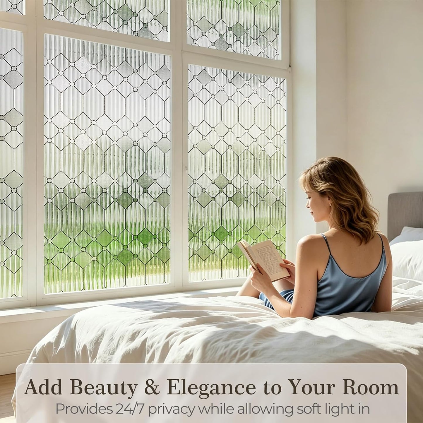 SUNBABY Reeded Glass Window Privacy Film, Frosted Glass Window Film for Bathroom & Front Door, Static Cling Decorative 3D Window Stickers Day and Night Privacy Sun Heat Blocking (17.5 x 78.7 Inch)